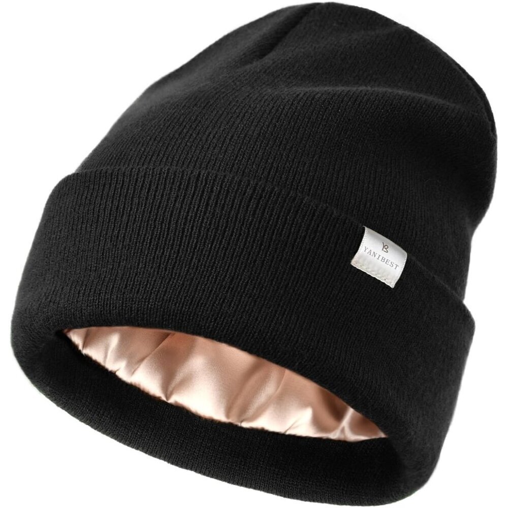 ✨Yanibest Women Black Satin Lined Knit Beanie Silk Soft Slouchy Warm Cuffed Hat